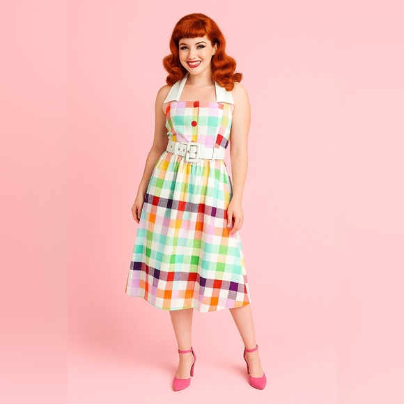 Unique Vintage Collectif Rainbows Over Hollywood Gingham Halter Swing Dress, NWT - Picture 2 of 16